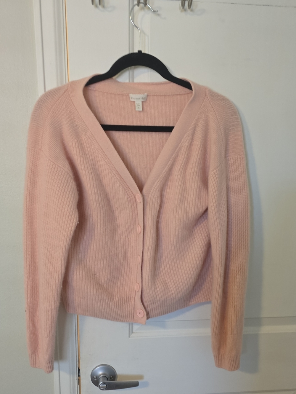 Garnet Hill Cashmere Soft Pink Ribbed V-Neck Button Cardigan